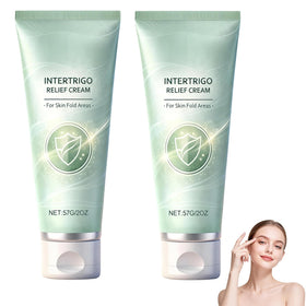Generic Intertrigo Relief Cream bottle applied to a skin fold area, protecting moisture and friction.