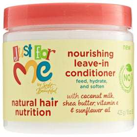 Generic Just For Me leave-in conditioner bottle facilitates detangling and hydration.