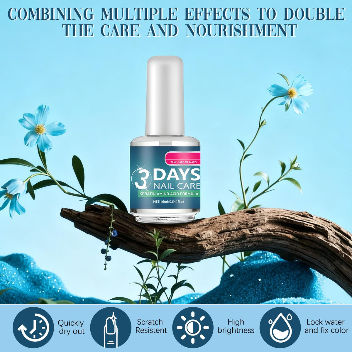 Keratin amino acid formula with aloe vera and plant extracts shown for nail care