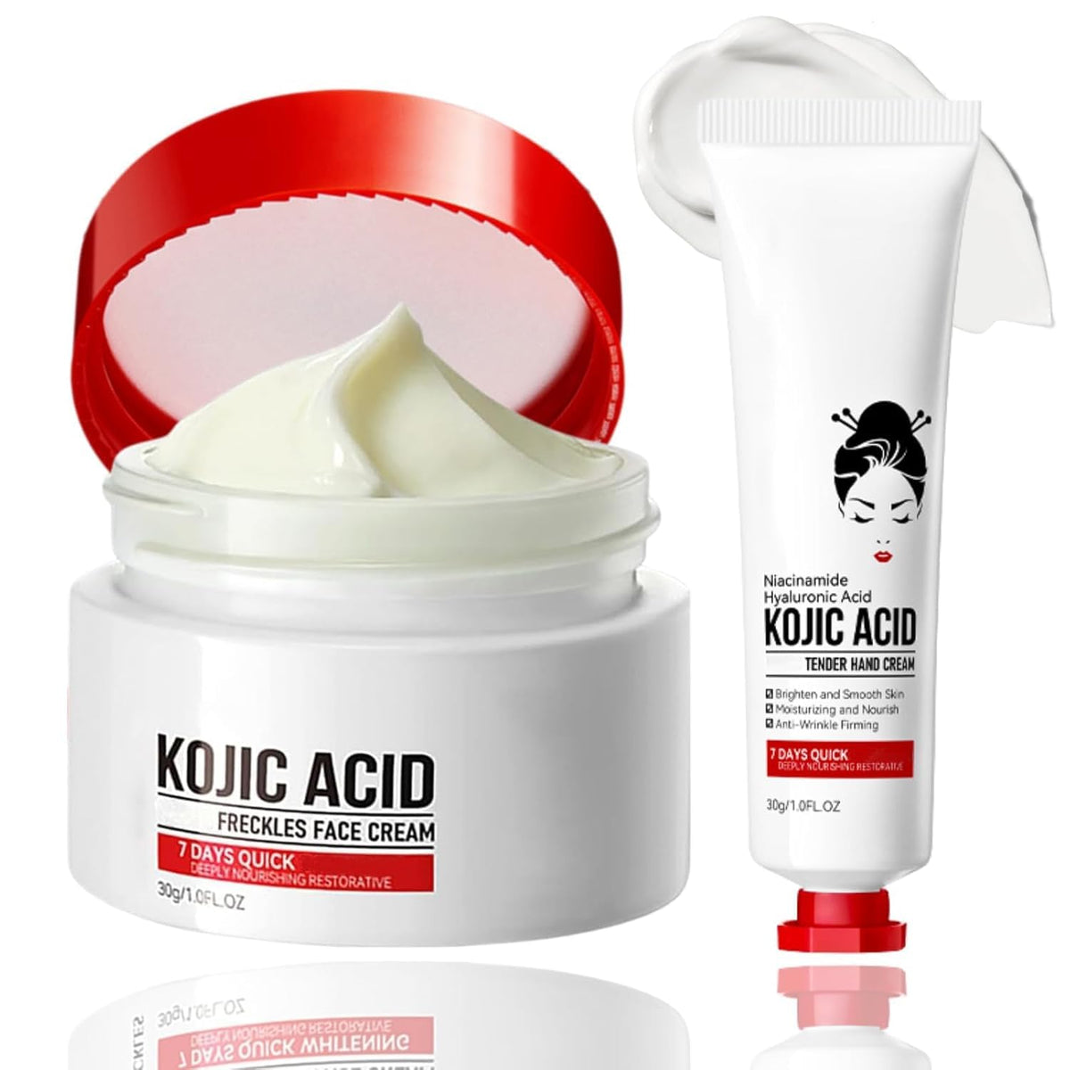 Generic Kojic Acid Cream bottle front shows a hydrating formula for daily use.