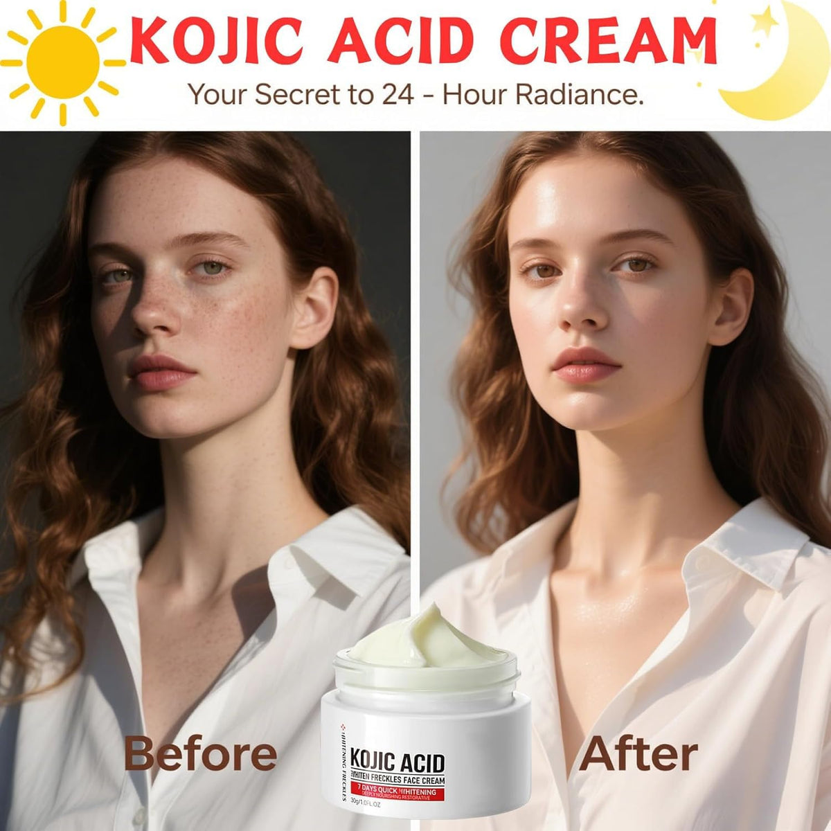 Generic Kojic Acid Lotion jar closeup emphasizes rich texture for face and body.