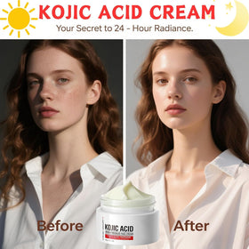 Generic Kojic Acid Lotion jar closeup emphasizes rich texture for face and body.