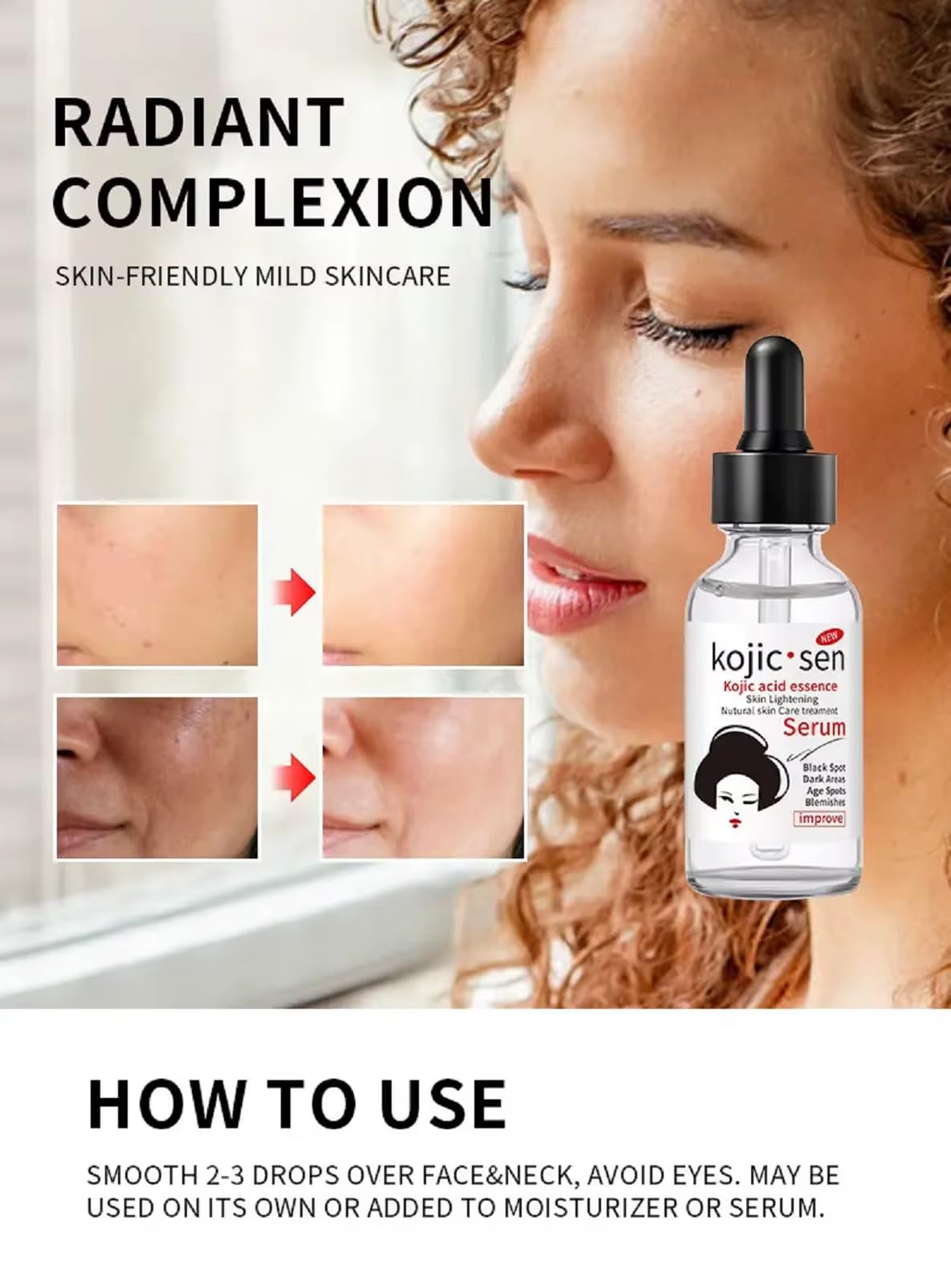 Generic Kojic Acid Serum texture swatches; demonstrates fast absorption and daily hydration.