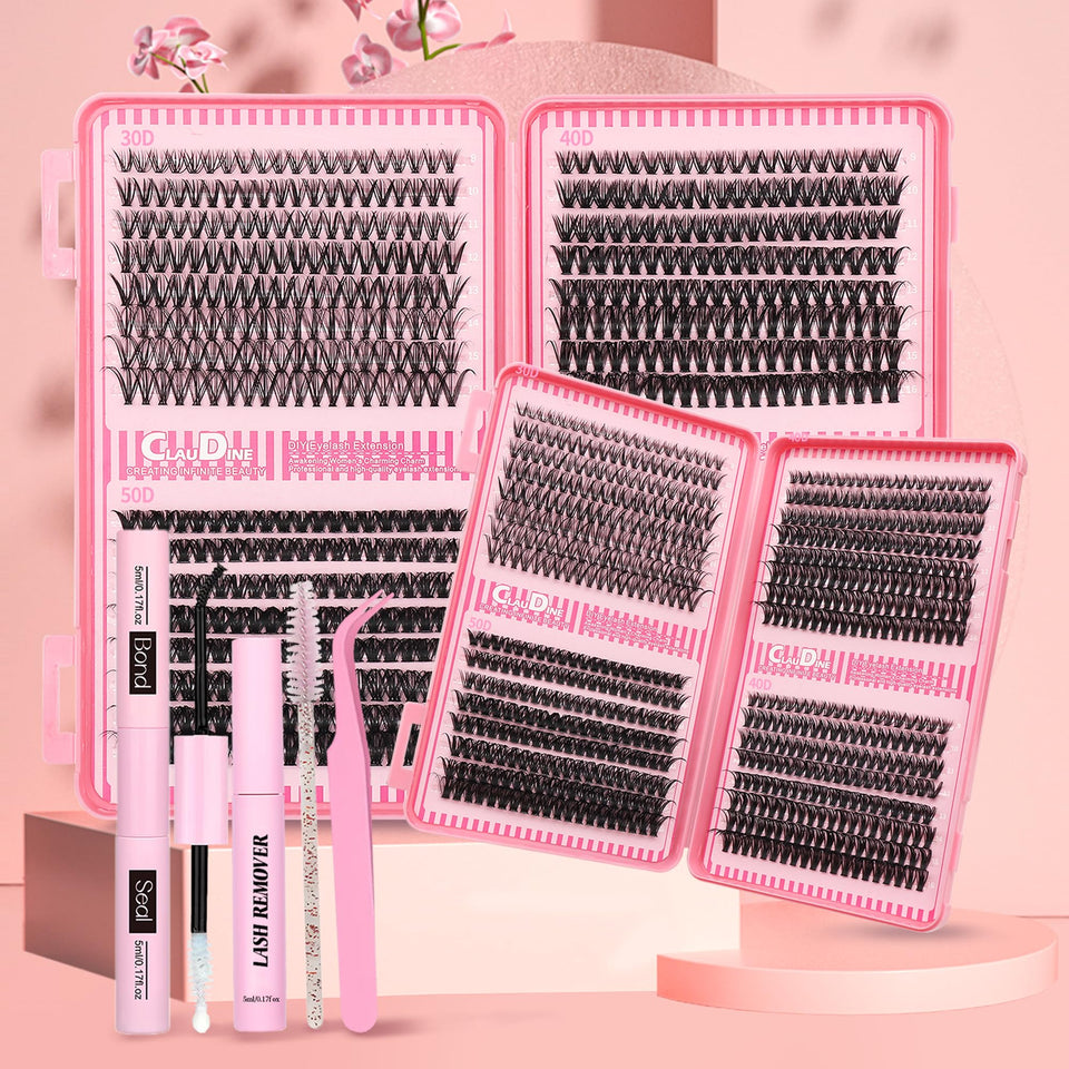 Generic lash extension kit with 640 clusters for customizable at home looks.