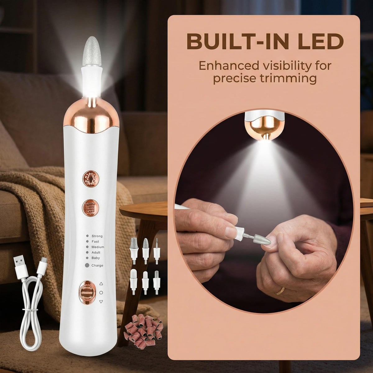 Generic low-noise design offers a quiet nail care session at home.