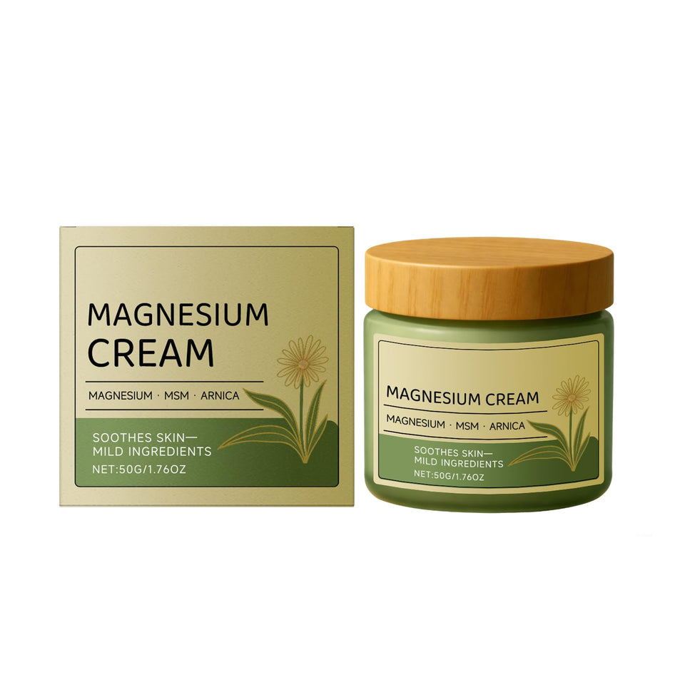 Generic magnesium cream with MSM and arnica bottle pour showing fast-absorbing hydration.