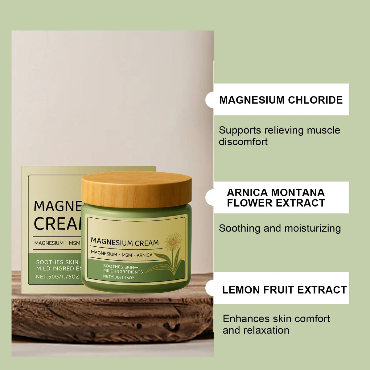 Generic magnesium cream with MSM arnica label close-up highlighting mild ingredients.