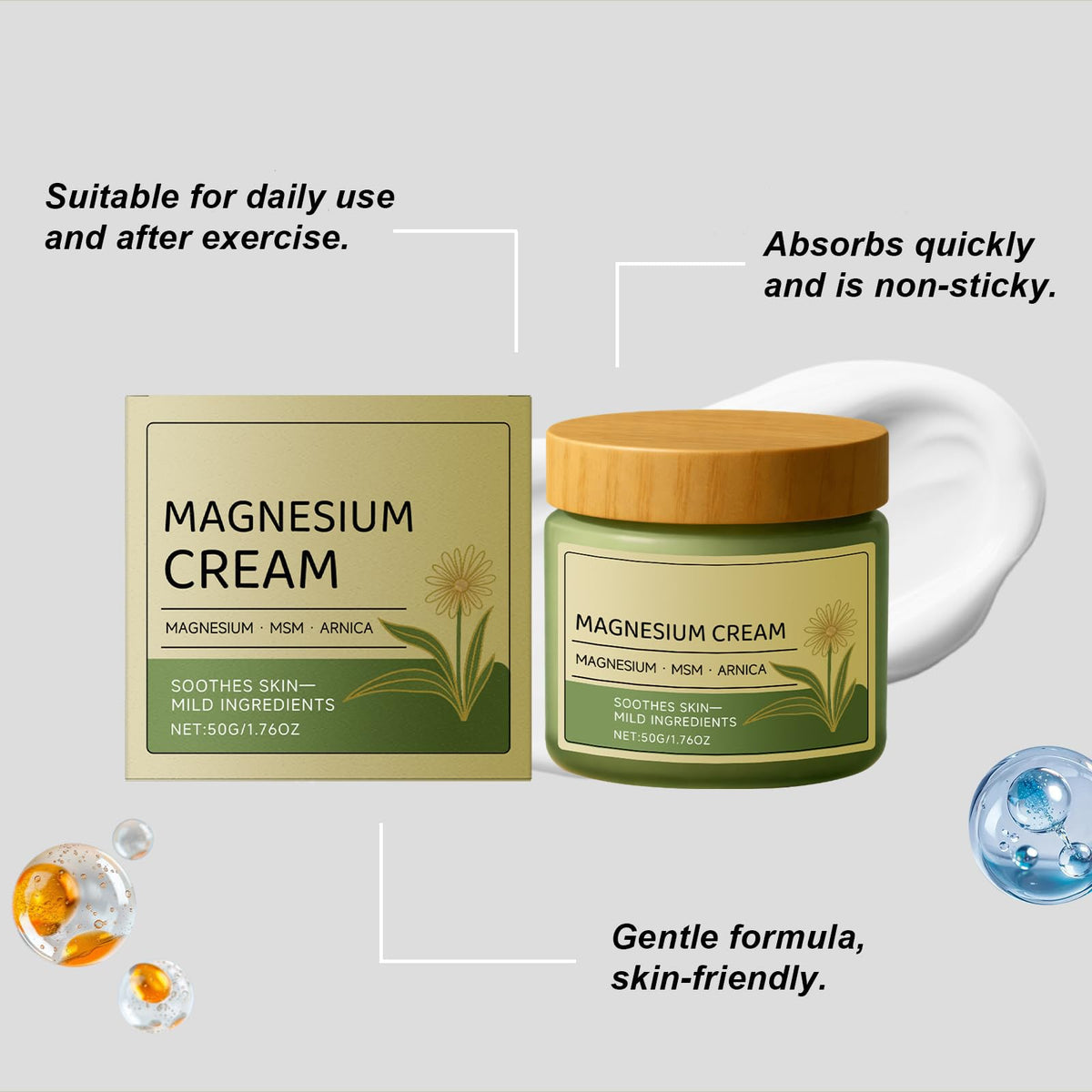 Generic magnesium cream with MSM arnica texture close-up for daily soothing.