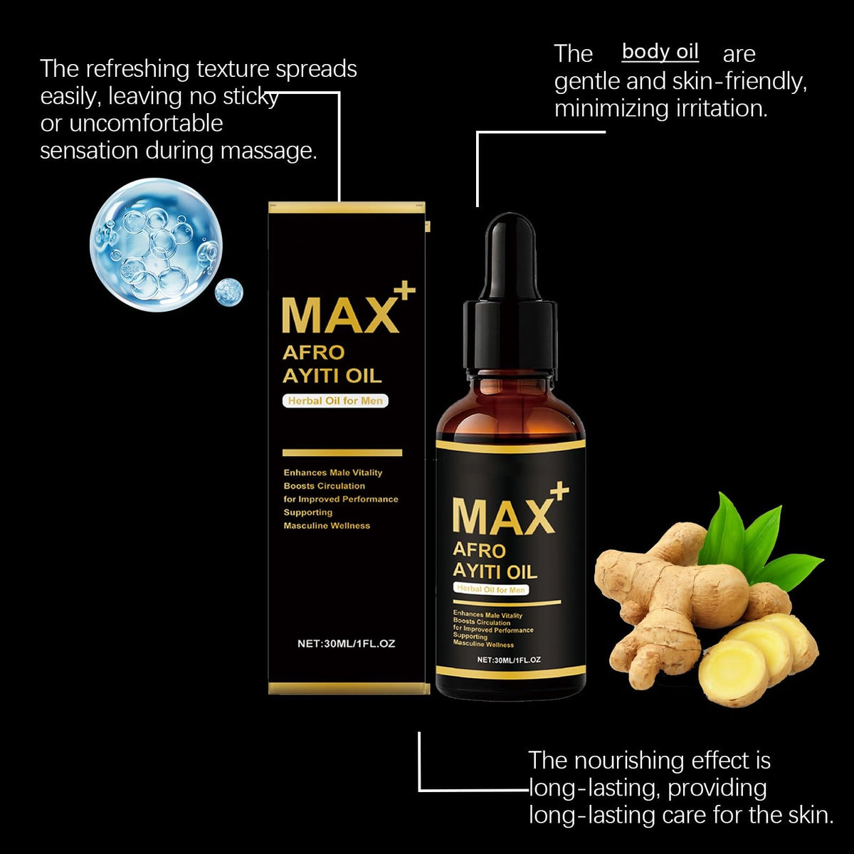 Generic Max+ Afro Ayiti Oil applied after shower for smooth skin