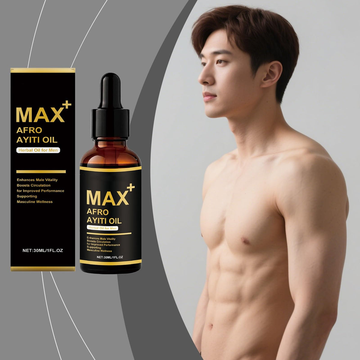 Generic Max+ Afro Ayiti Oil bottle close-up highlighting lightweight texture for daily use