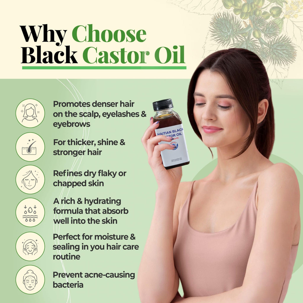 Generic Meme Haitian Black Castor Oil label highlights traditional recipe and sustainable sourcing.