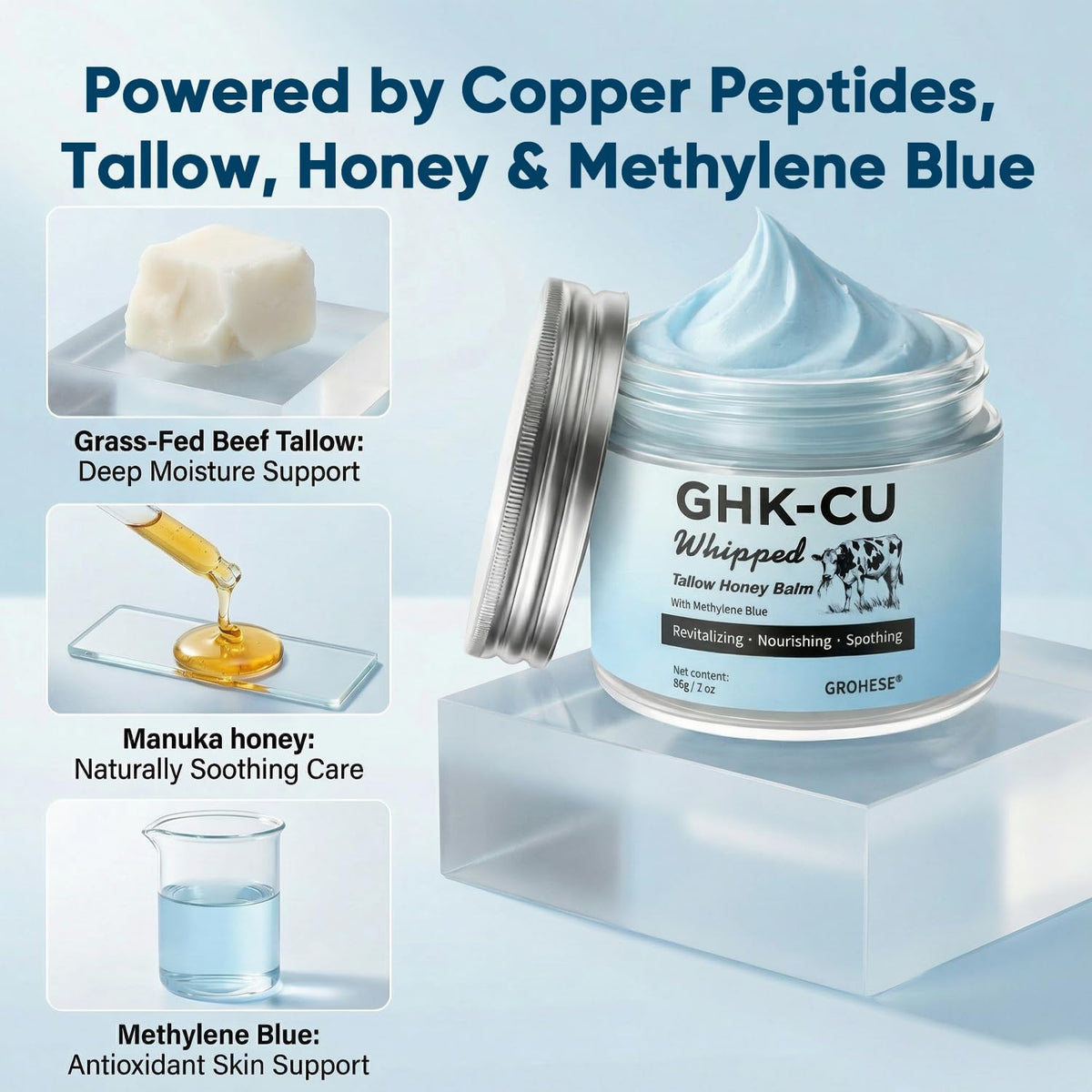 Methylene blue-tallow cream color shows antioxidant-inspired tint for balanced care.