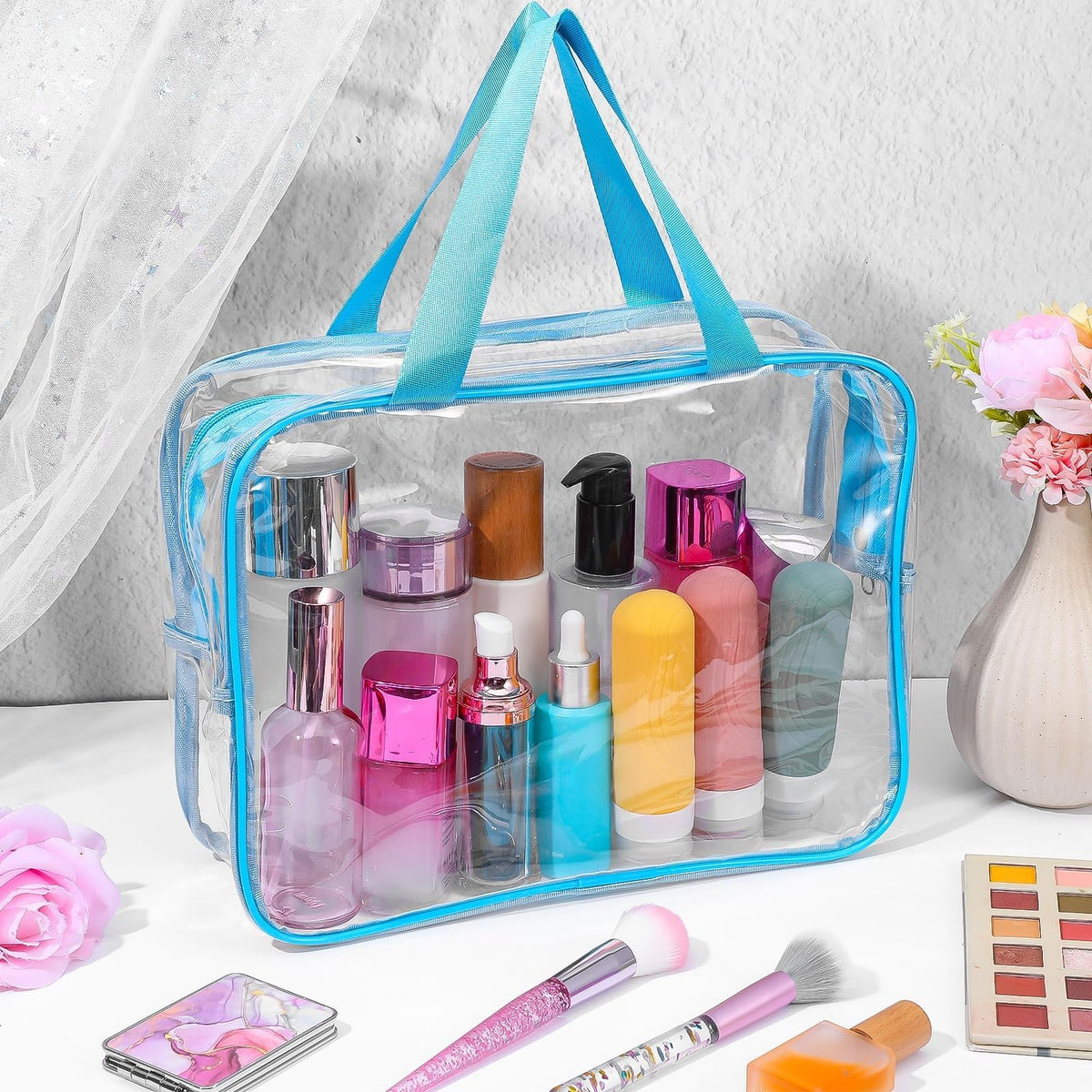 Generic multi-functional clear bag supports cosmetics, toiletries, and small essentials.