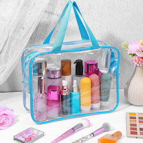 Generic multi-functional clear bag supports cosmetics, toiletries, and small essentials.