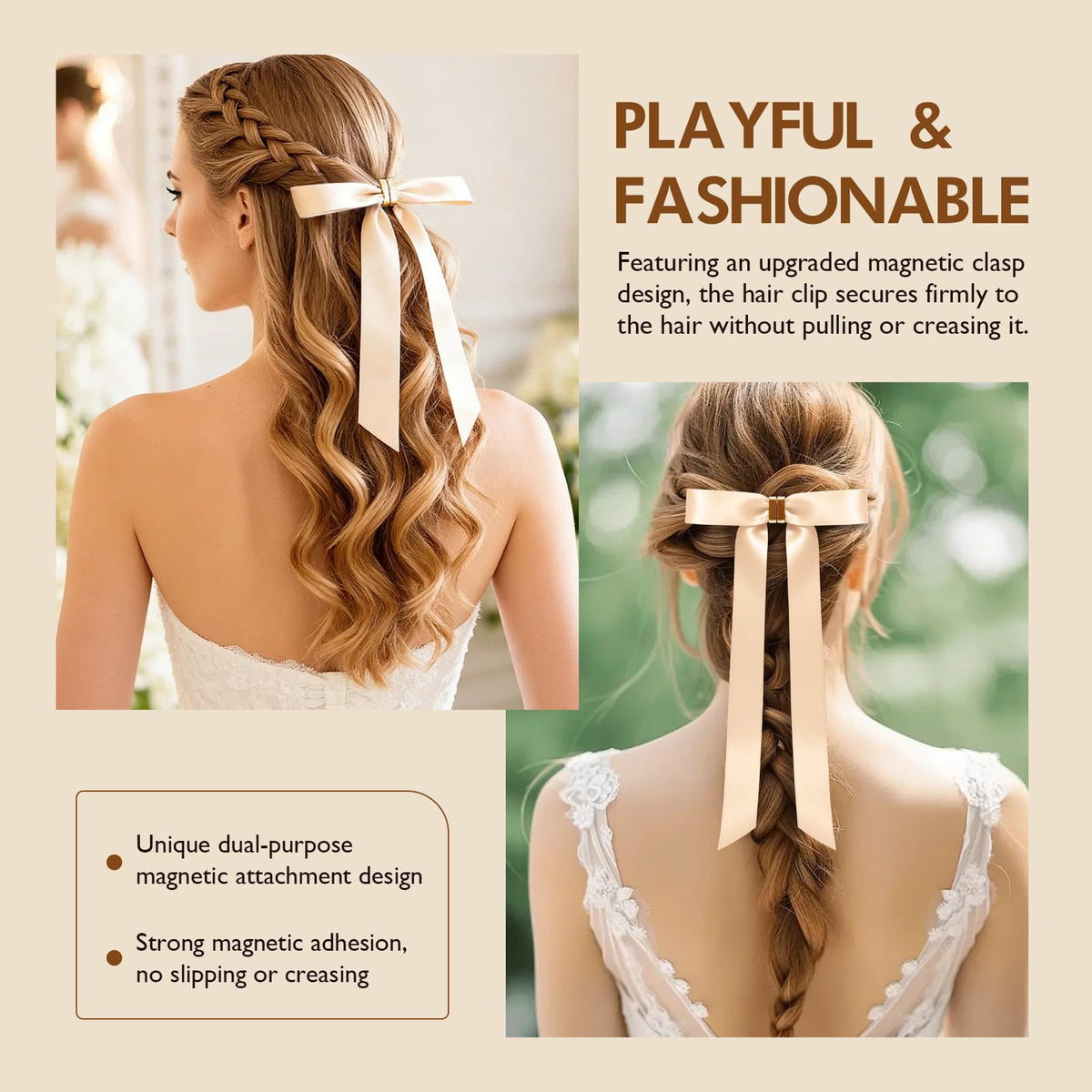 Generic No-Slip Magnetic Clip keeps hair secure all day.