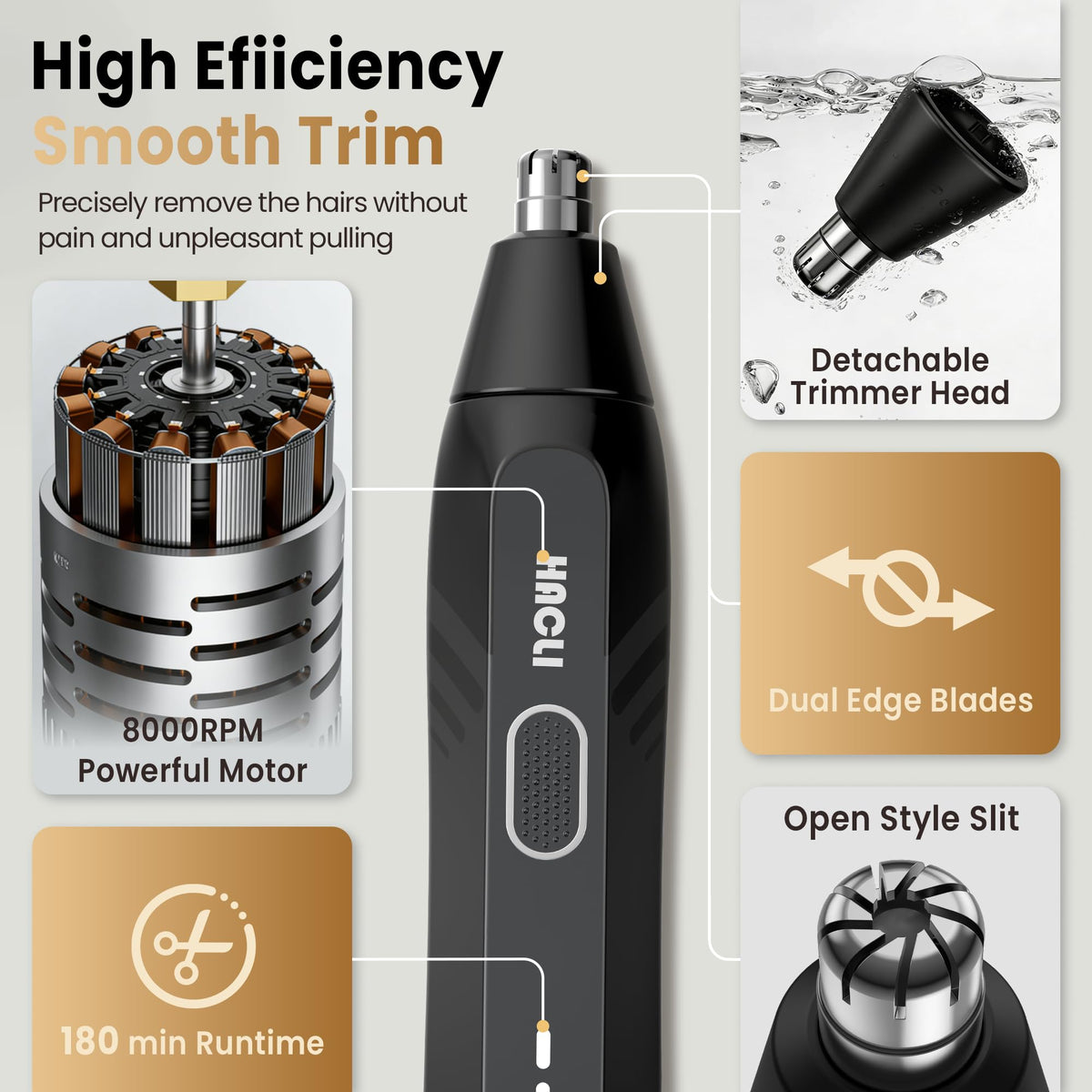 Generic Nose Hair Trimmer IPX7 waterproof design enables easy cleaning under water