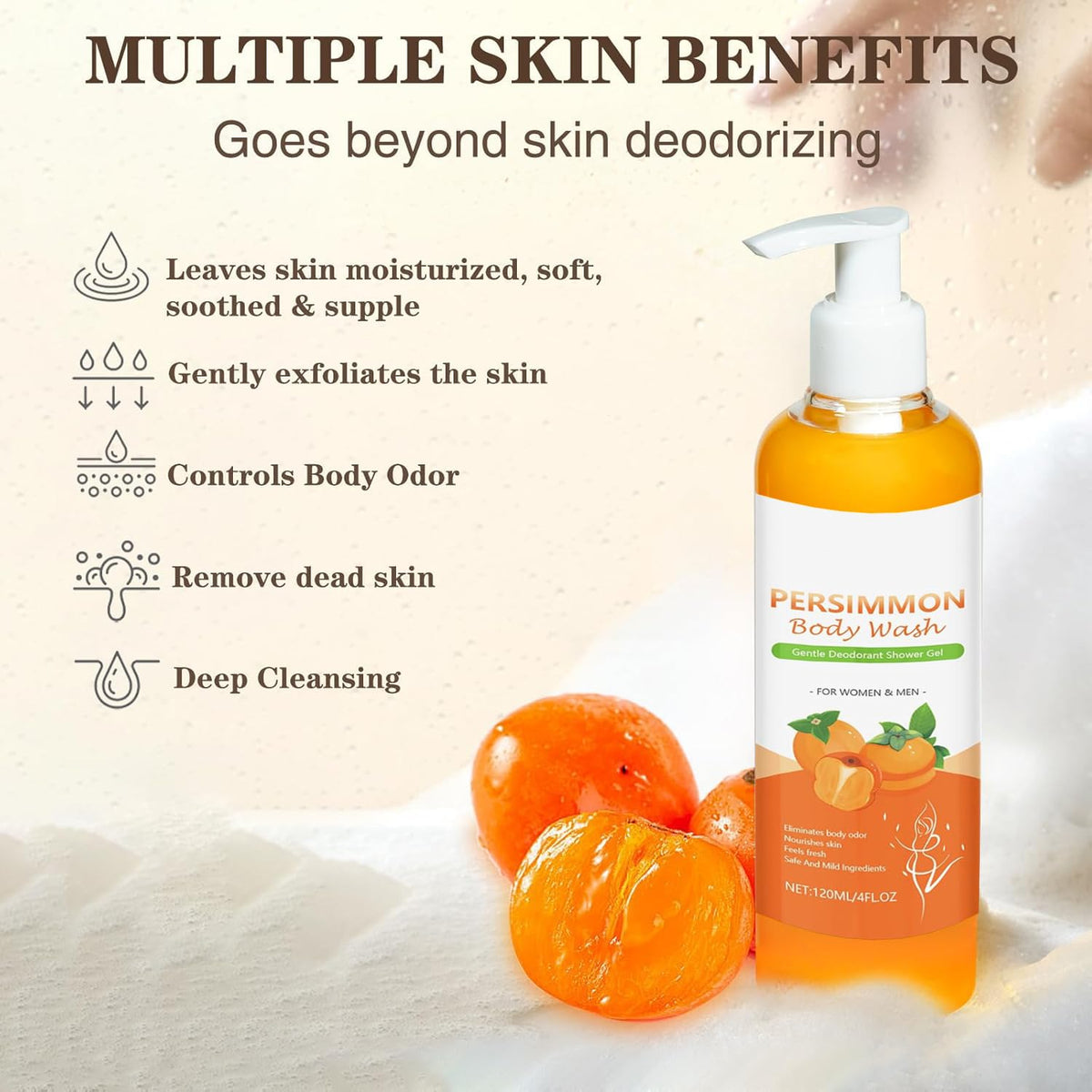 Generic Persimmon body wash foams easily for a full body cleanse