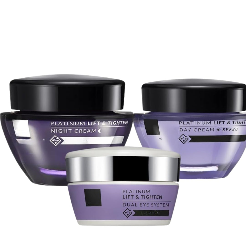 Generic Platinum Day Cream bottle shows firming and hydration benefits for a lifted look.