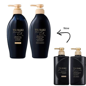 Generic Premium EX Set Tsubaki conditioner bottle close-up highlighting detangling and smoother hair.