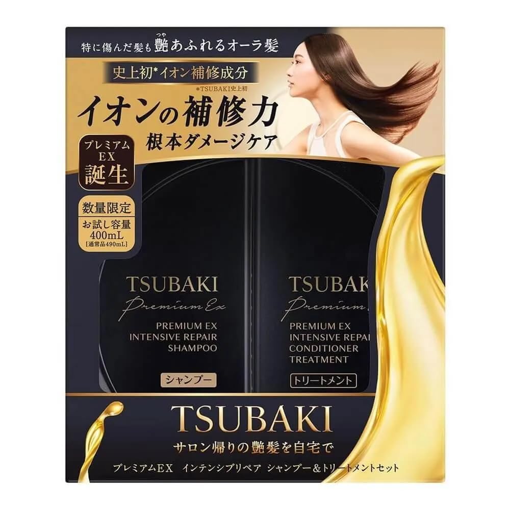 Generic Premium EX Set Tsubaki shampoo bottle close-up suggests gentle cleansing for all hair types.