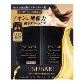 Generic Premium EX Set Tsubaki shampoo bottle close-up suggests gentle cleansing for all hair types.