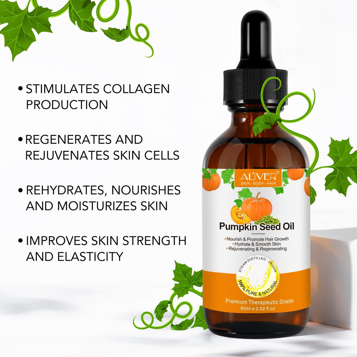 Generic Pumpkin Seed Oil 2-Pack lifestyle shot emphasizing natural hair and skin care