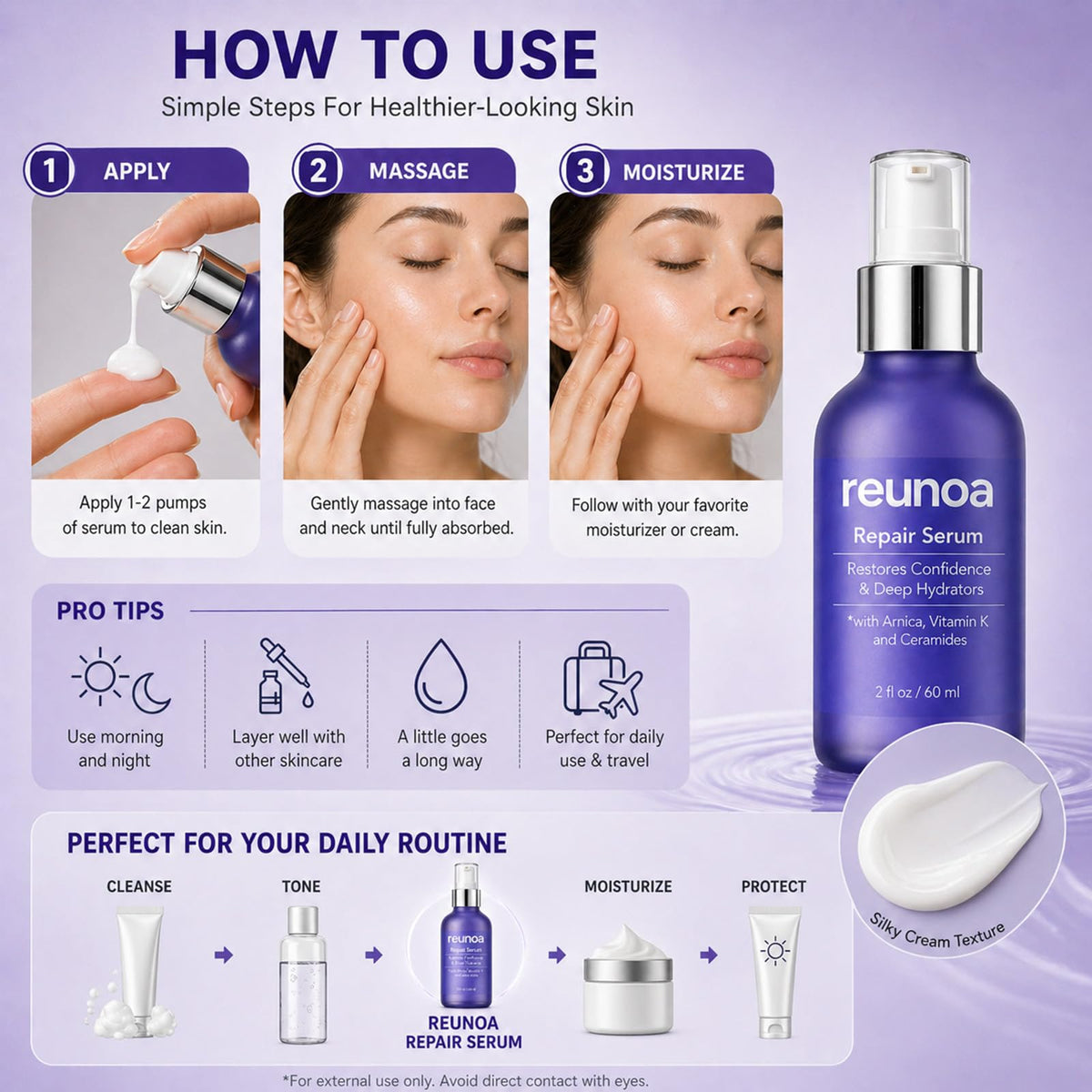 Generic Reunoa serum with Arnica and Vitamin K benefits for skin comfort