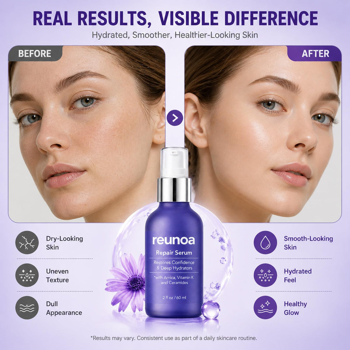 Close-up of Generic Reunoa serum texture illustrating deep hydration and silky feel