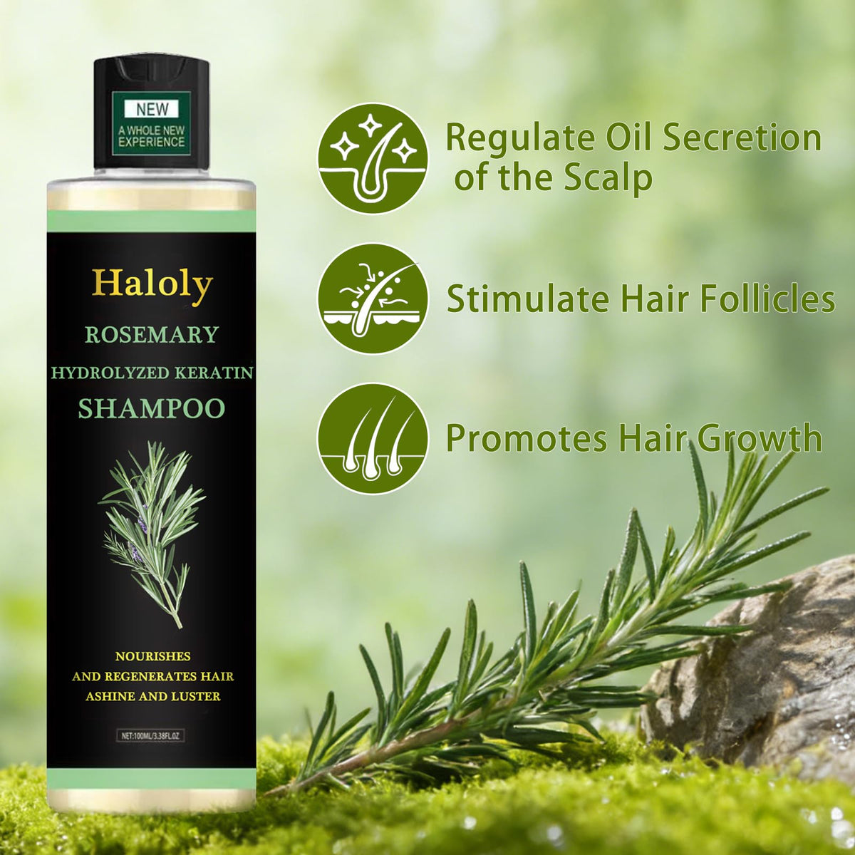 Generic Rosemary Hair Growth Shampoo packaging front emphasizes natural extracts for healthier scalp.