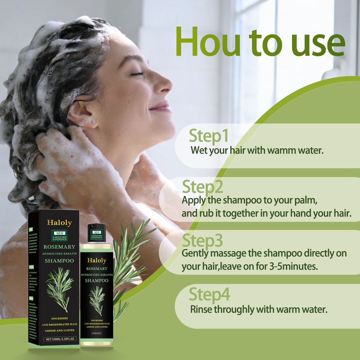 Generic Rosemary Hair Growth Shampoo usage shot suggests daily routine benefit.