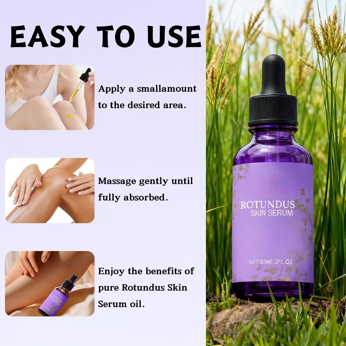 Generic Rotundus serum used on face, arms and legs for versatile care.
