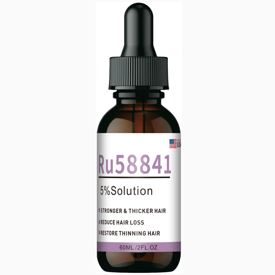 Generic RU58841 bottle with dropper for daily scalp use and thinning support.