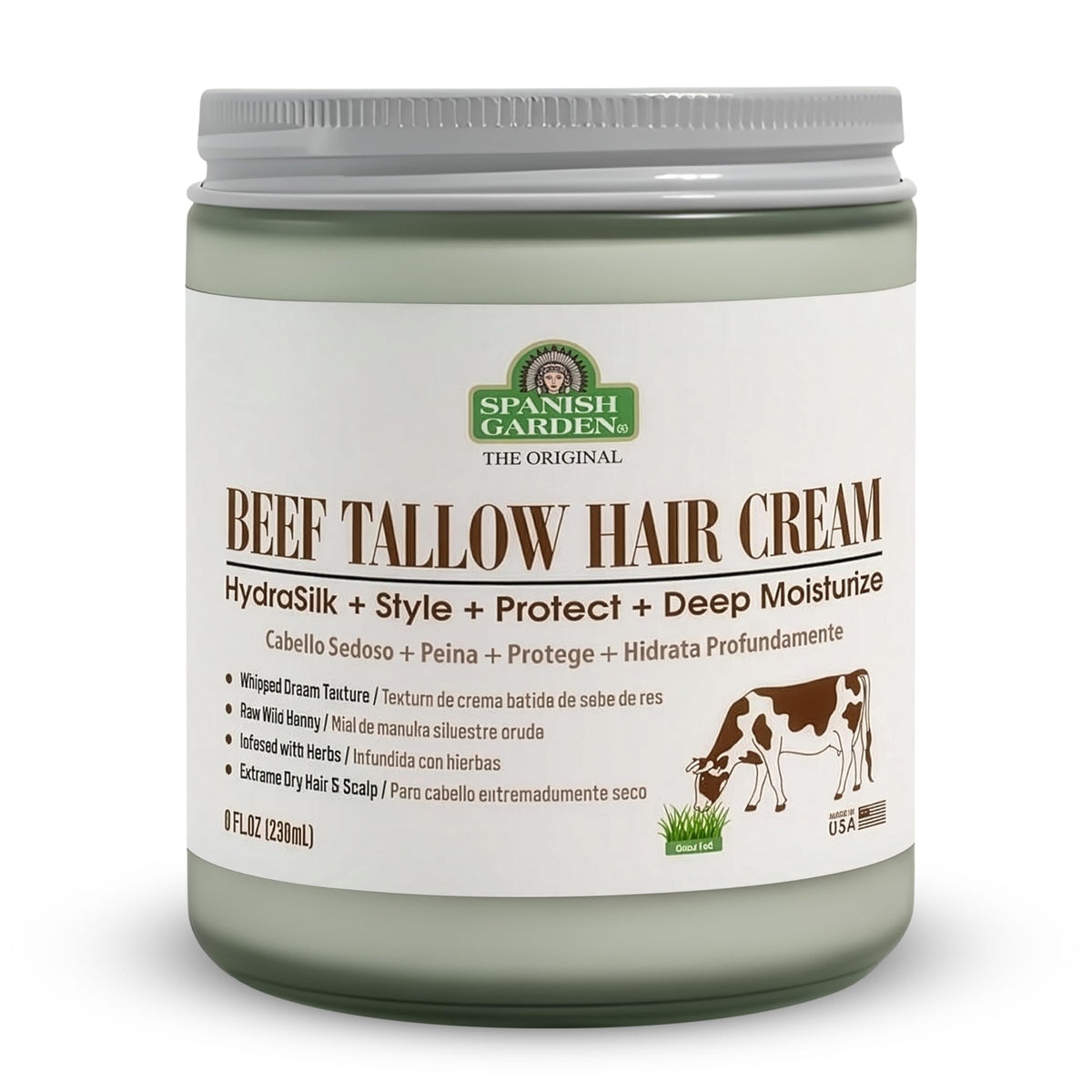 Generic Spanish Garden Beef Tallow Hair Cream bottle closeup for deep hydration.