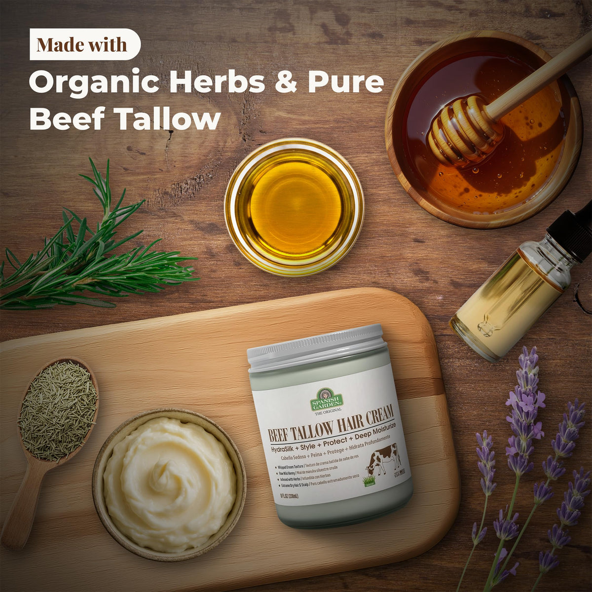 Generic Spanish Garden Beef Tallow Hair Cream ends treated to reduce frizz.