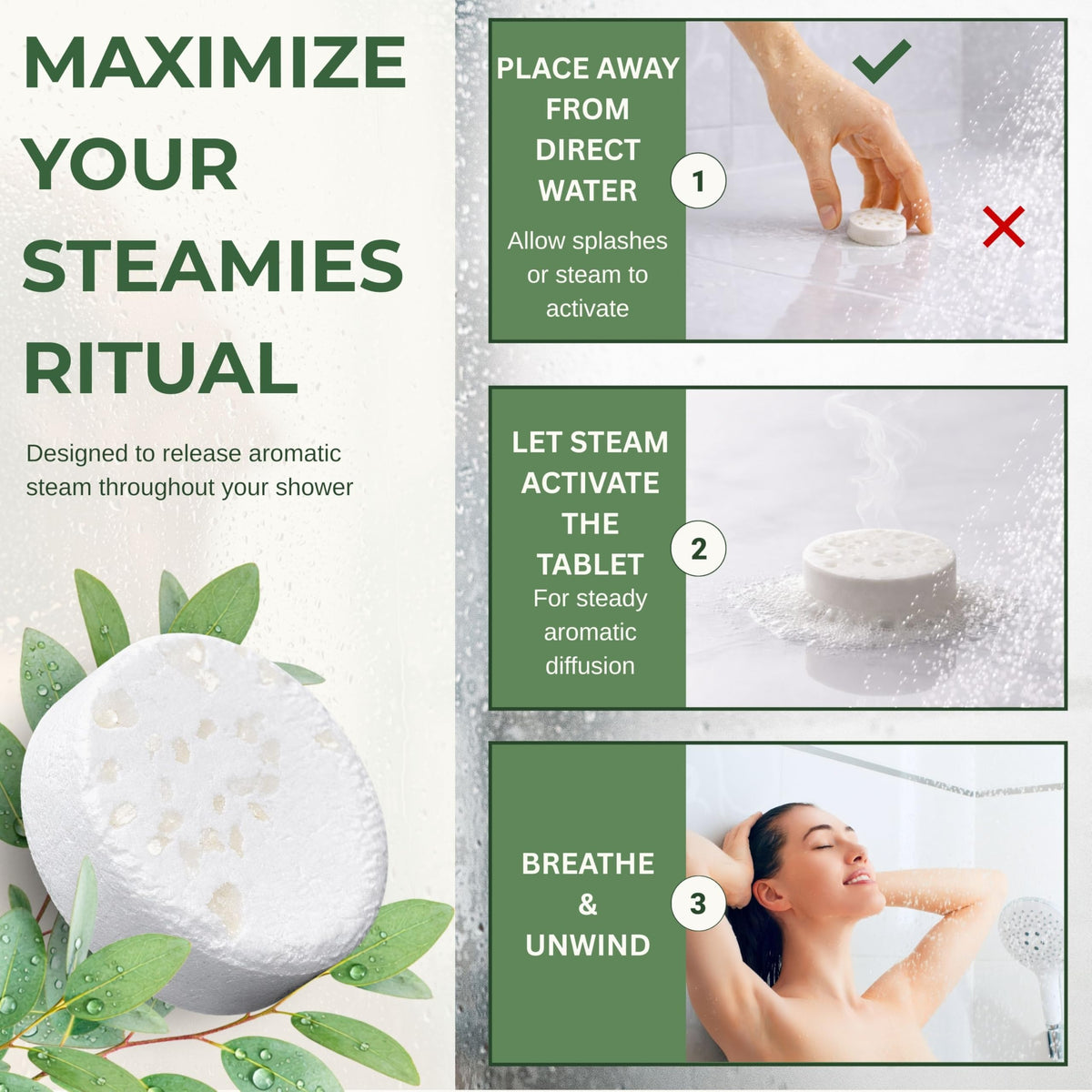 Generic STEAMIES aromatherapy shower scene with steam and spa-like mood.