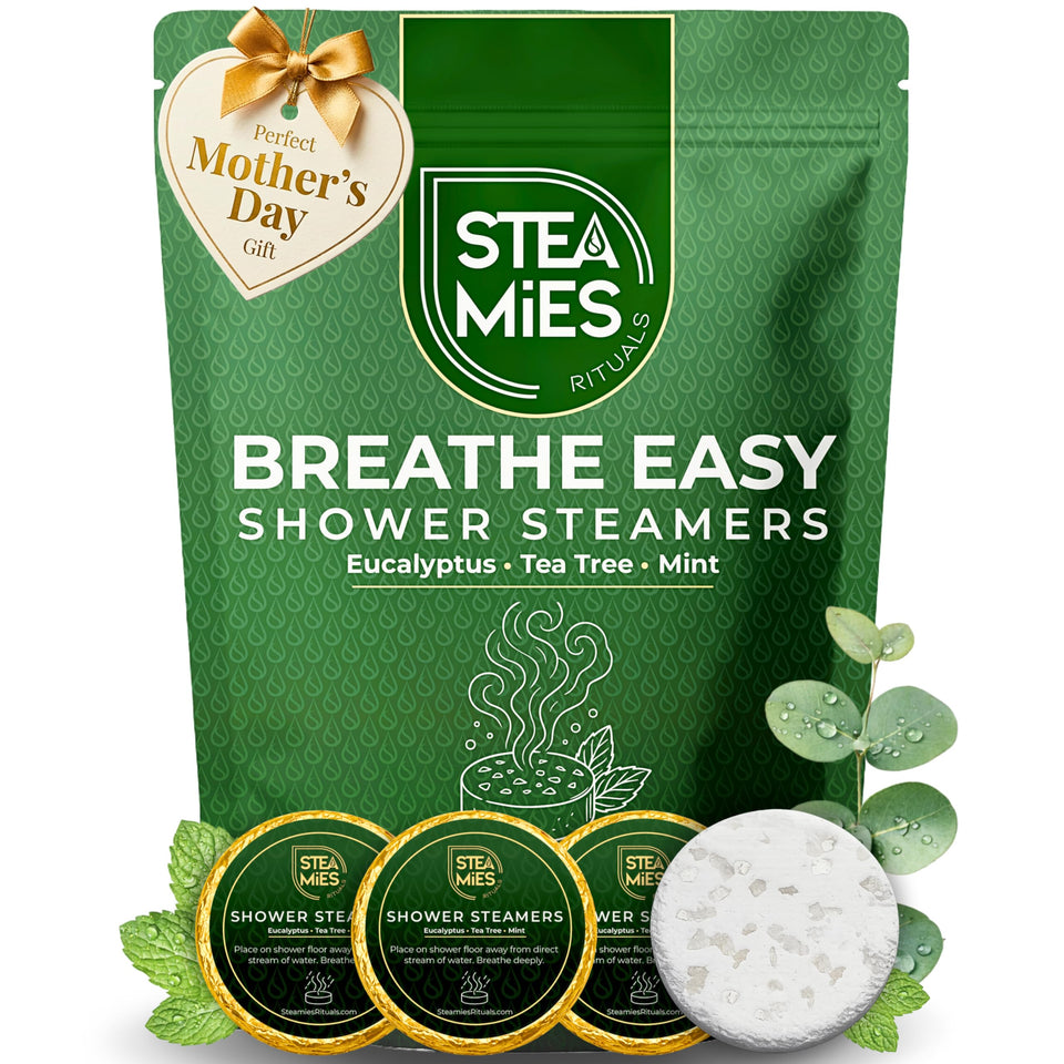 Generic STEAMIES Breathe Easy eucalyptus tablet closeup with pure oils for a refreshing shower ritual.