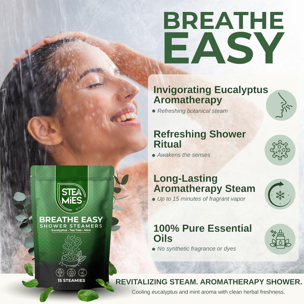 Generic STEAMIES eucalyptus peppermint tea tree tablet dissolving in shower steam.