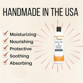 Generic tallow goat milk lotion being applied by hand, deep moisture without heaviness