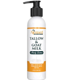 Generic tallow goat milk lotion bottle close-up, rich nourishment for sensitive skin
