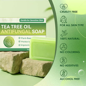 Generic Tea Tree Soap Bar closeup emphasizes tea tree oil for clearer skin support.