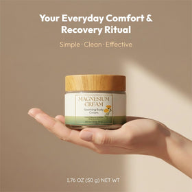 Generic Total Soothe magnesium cream on countertop with spa-like ambiance.