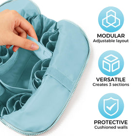 Interior with adjustable dividers lets you customize up to three sections.