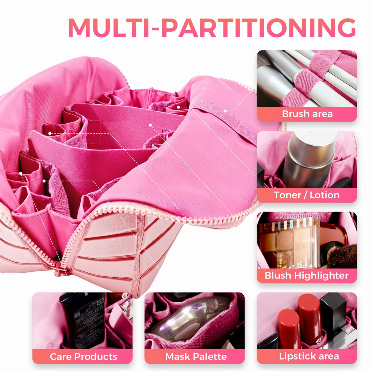Generic Travel Makeup Organizer highlights 27 pockets for upright, protected brushes.