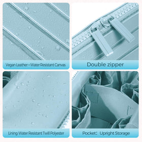 Compact closed form saves space while holding full-size bottles and essentials.