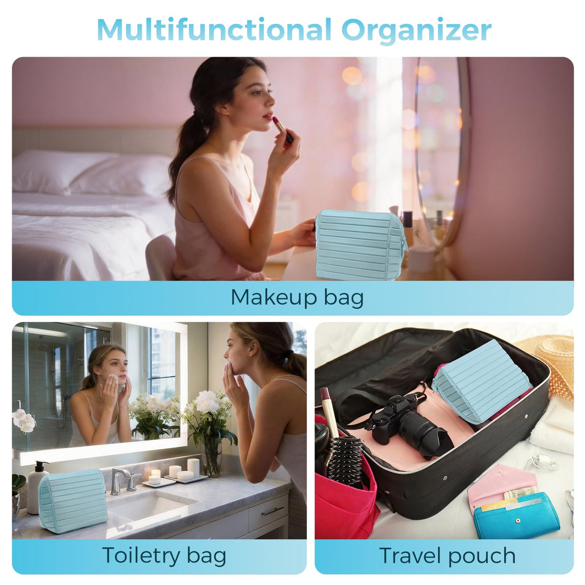 Padded, structured interior protects cosmetics from movement during travel.