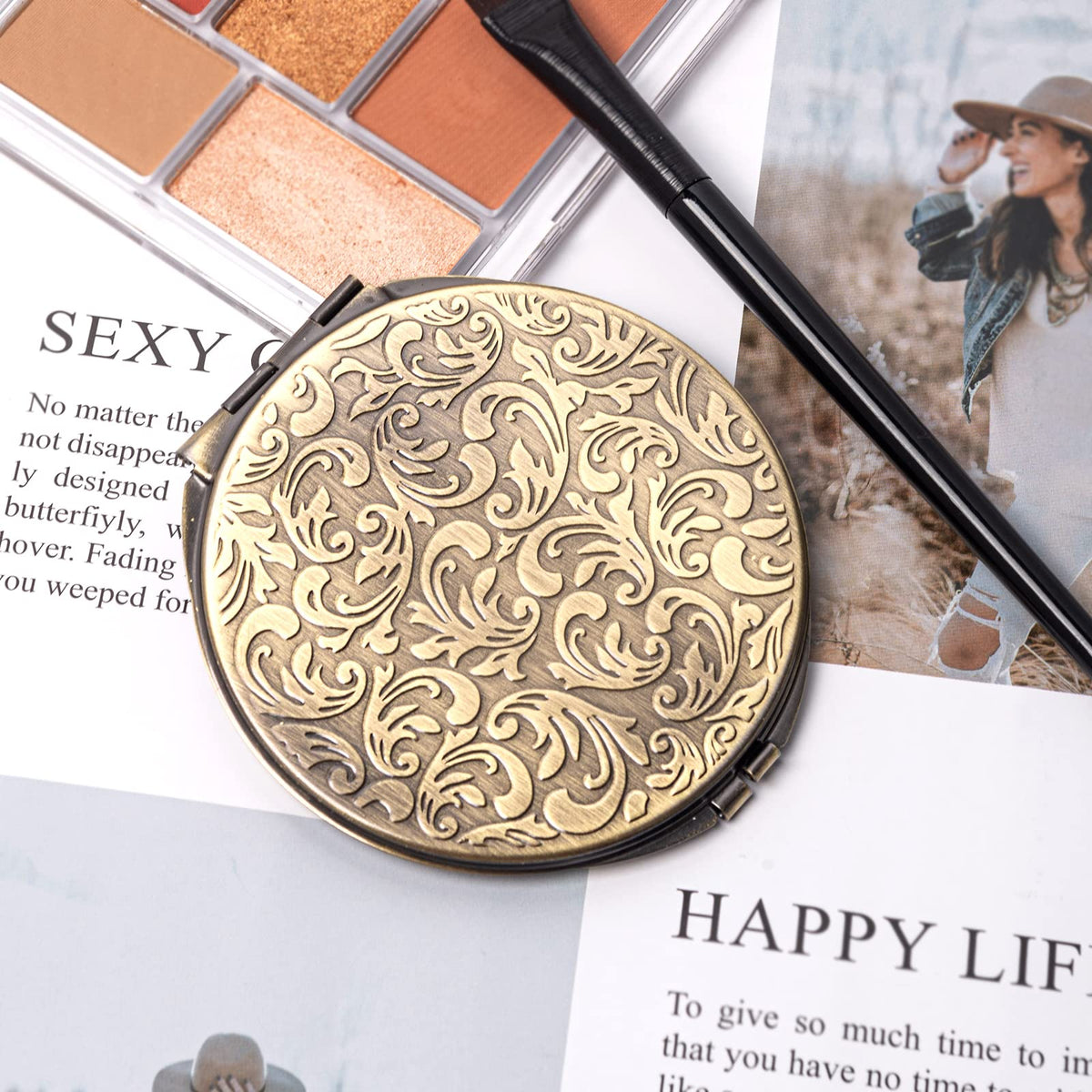 Generic Travel Mirror bronze compact back view illustrating purse-friendly size