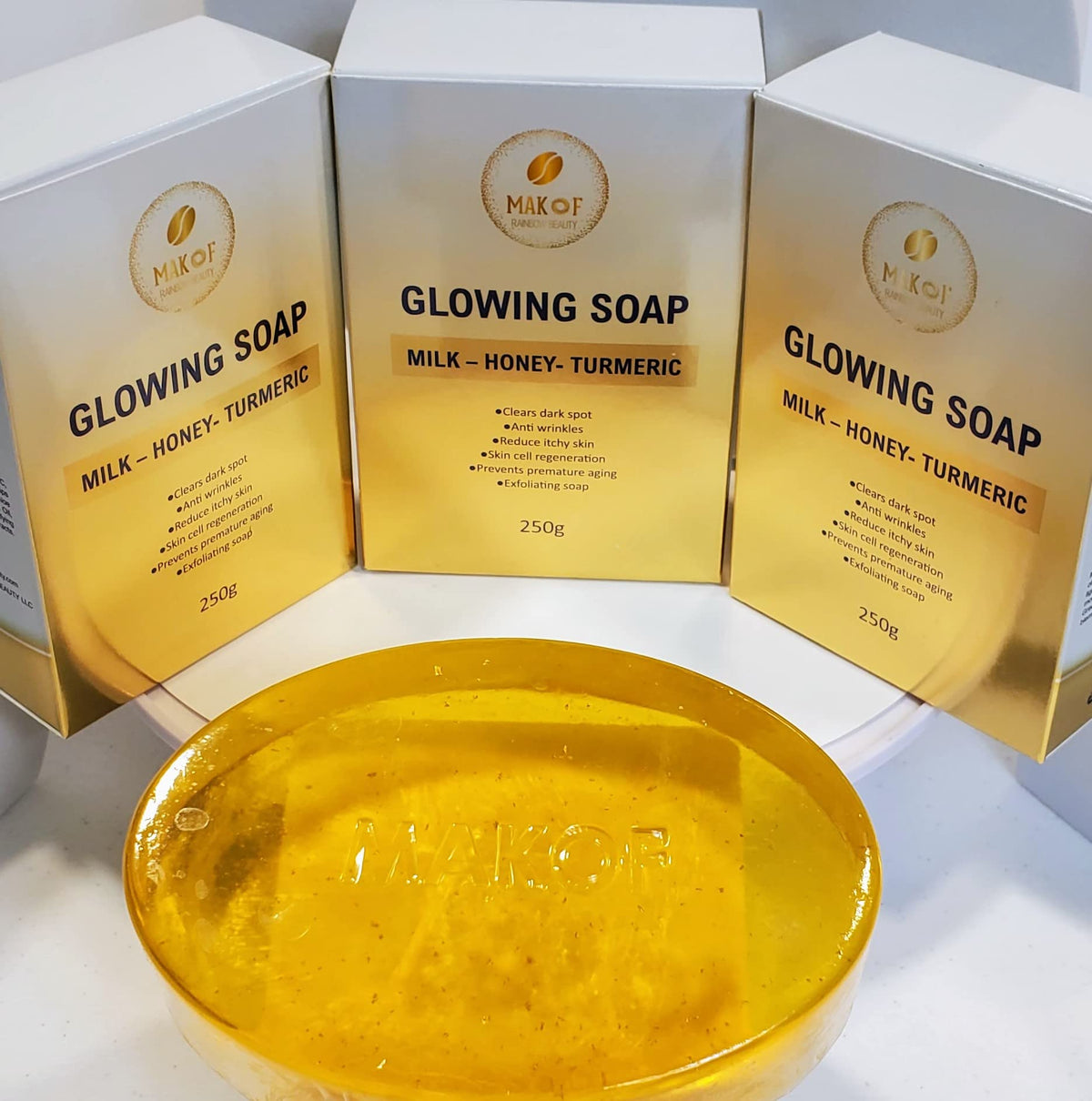 Generic Turmeric Honey Milk Soap bar closeup for daily brightening routine.