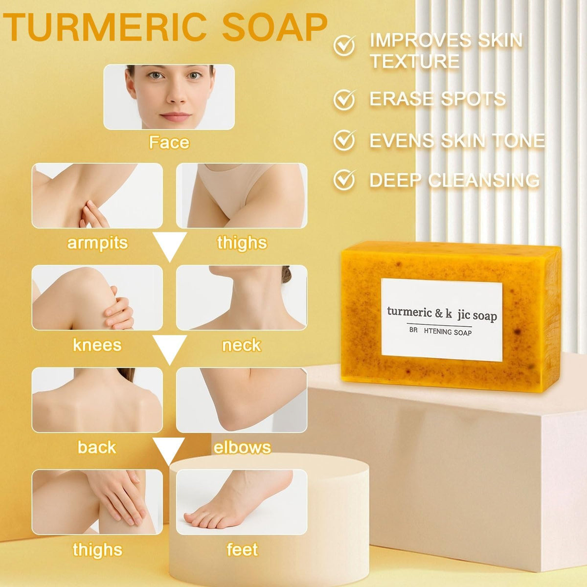 Generic handmade turmeric soap emphasizes quality and skin-friendly texture.