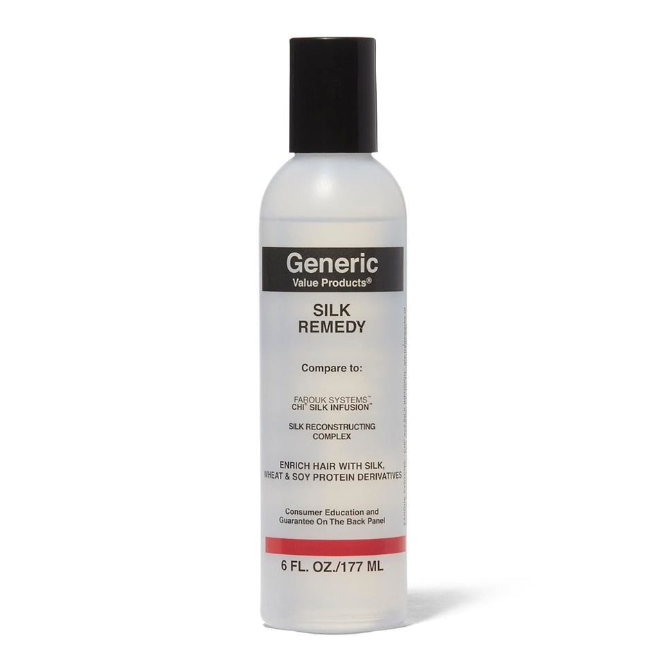 Generic Value Products Silk Remedy bottle boosts silky hair with lightweight heat protection.
