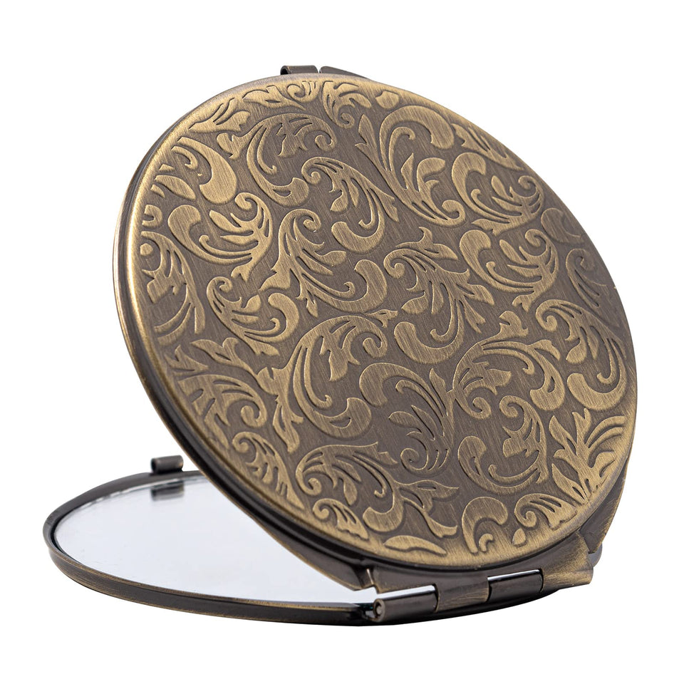 Generic Vintage Metal Double-Sided Pocket Mirror bronze front view for on-the-go grooming